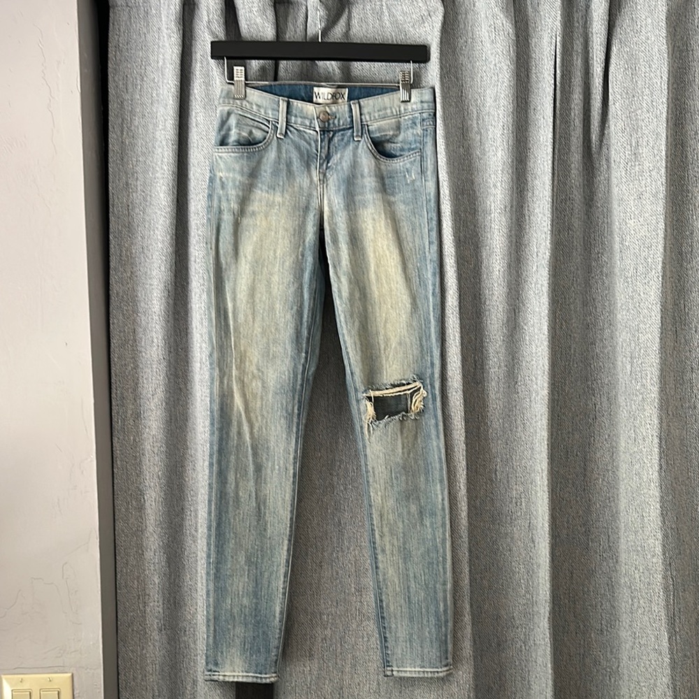 Wildfox Light Faded Blue Skinny Jeans with Distressing and Vintage Look